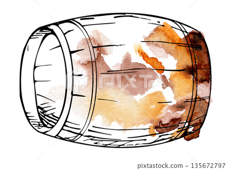 Classic wine or whisky cask, beer keg, heritage vineyard or distillery element. Hand drawn illustration in watercolor and ink for labels, advertising, menus, tasting rooms, educational materials. Classic wine or whisky cask, beer keg, heritage vineyard or distillery element. Hand drawn illustration in watercolor and ink for labels, advertising, menus, tasting rooms, educational materials. 135672797