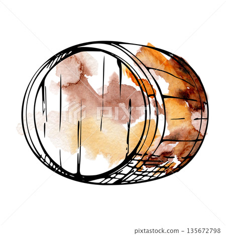 Wooden wine barrel with metal hoops, traditional cellar storage symbol. Hand-drawn illustration in ink and watercolor wash for winery, distillery branding, packaging, tourism design, festival posters 135672798
