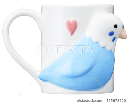 白色馬克杯，鏤空圖案為藍色鸚鵡和心形 135672820