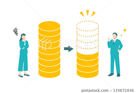 Illustration of a woman who is troubled by high costs and a man who is happy to have costs cut. Flat design Illustration of a woman who is troubled by high costs and a man who is happy to have costs cut. Flat design 135672836