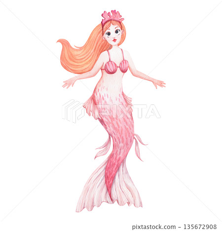 A mermaid with long golden-red hair and a crown of corals 135672908