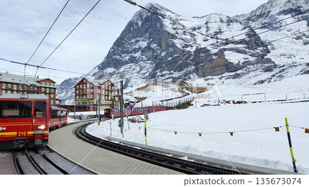 Interlaken,  Switzerland - March 18 2023: Surrounding View of Mountanious Interlaken 135673074