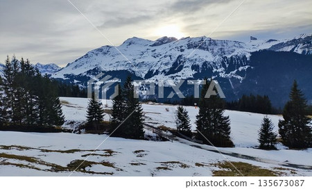 Interlaken,  Switzerland - March 18 2023: Surrounding View of Mountanious Interlaken 135673087