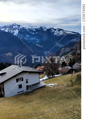 Interlaken, Switzerland - March 18 2023: Surrounding View of Mountanious Interlaken Interlaken, Switzerland - March 18 2023: Surrounding View of Mountanious Interlaken 135673092
