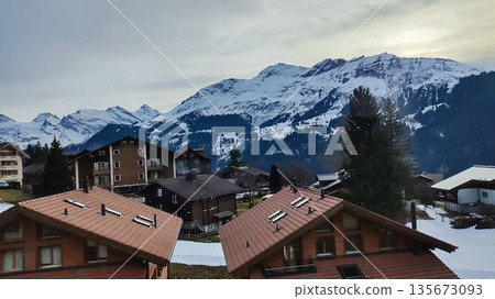 Interlaken,  Switzerland - March 18 2023: Surrounding View of Mountanious Interlaken 135673093
