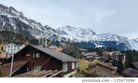 Interlaken,  Switzerland - March 18 2023: Surrounding View of Mountanious Interlaken 135673094