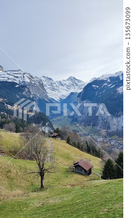 Interlaken,  Switzerland - March 18 2023: Surrounding View of Mountanious Interlaken 135673099