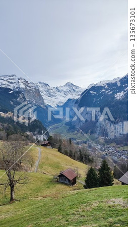 Interlaken,  Switzerland - March 18 2023: Surrounding View of Mountanious Interlaken 135673101
