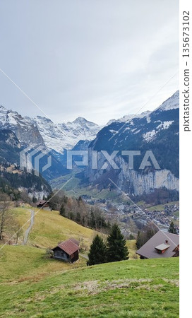 Interlaken,  Switzerland - March 18 2023: Surrounding View of Mountanious Interlaken 135673102