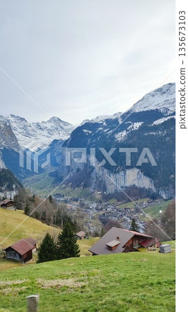 Interlaken,  Switzerland - March 18 2023: Surrounding View of Mountanious Interlaken 135673103