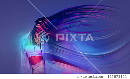 Expressive mixed media abstract portrait of dancing woman with color trails. Expressive mixed media abstract portrait of dancing woman with color trails. 135673121