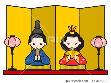 女兒節插圖-雛人偶和天皇在屏風前 女兒節插圖-雛人偶和天皇在屏風前 135673128