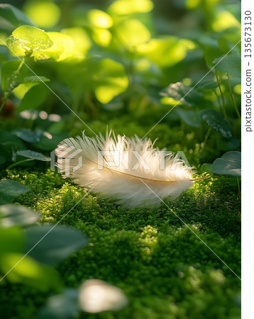 White feather resting on green moss in a tranquil forest setting 135673130