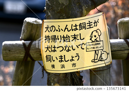 日本橫濱市的城市景觀：「狗主人應該把狗糞帶回家清理乾淨，並用牽引繩拴住狗」以及「狗是一生的摯愛…」= 橫濱市 135673141