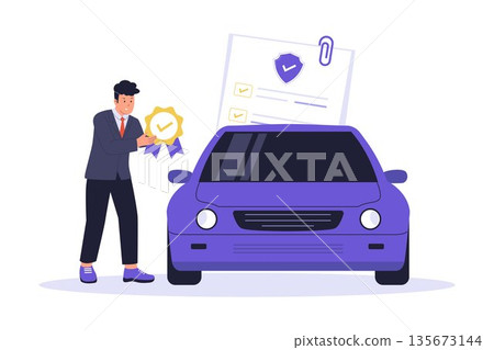 Businessman Checking Auto Warranty Claim and Car Certification Illustration Businessman Checking Auto Warranty Claim and Car Certification Illustration 135673144