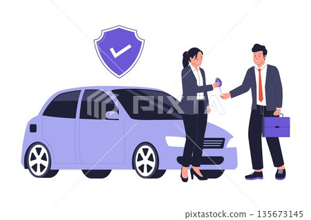Buying and Selling Car Transaction with Insurance Protection Illustration Buying and Selling Car Transaction with Insurance Protection Illustration 135673145