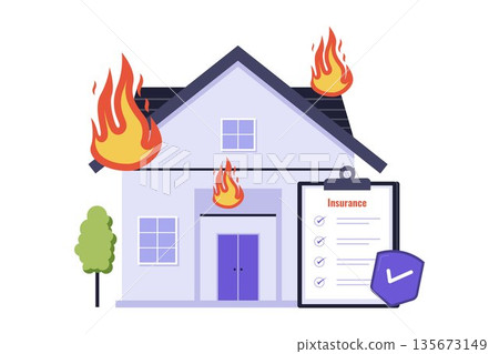 Home Fire Insurance and Residential Disaster Protection Illustration Home Fire Insurance and Residential Disaster Protection Illustration 135673149