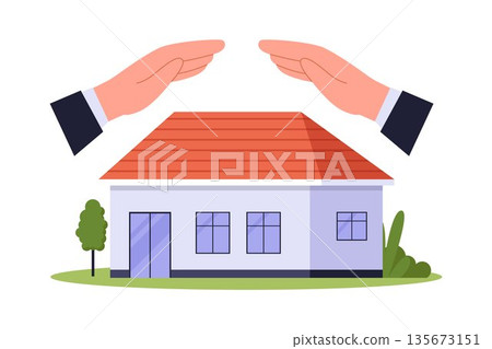 Two Hands Forming a Protective Roof Over a House Illustration 135673151