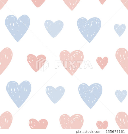 Pink and blue hand drawn hearts seamless pattern. Gender Party Baby Boy or Girl Reveal Background. Nursery Cute Backdrop, Vector illustration 135673161