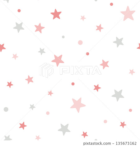 Cute simple seamless pattern with stars in pastel pink and grey colors. Vector hand-drawn flat illustration. Perfect for print, wrapping paper, wallpaper, fabric, textile. Childish design. Cute simple seamless pattern with stars in pastel pink and grey colors. Vector hand-drawn flat illustration. Perfect for print, wrapping paper, wallpaper, fabric, textile. Childish design. 135673162