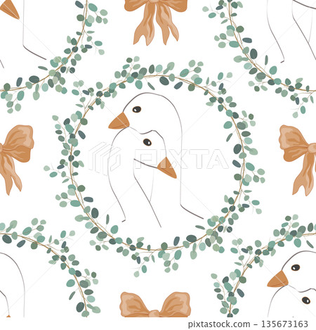 Goose couple in floral eucalyptus wreath frames seamless pattern. Cute Vintage vector illustration. Greeting Valentine day, wedding or romantic card design element Goose couple in floral eucalyptus wreath frames seamless pattern. Cute Vintage vector illustration. Greeting Valentine day, wedding or romantic card design element 135673163