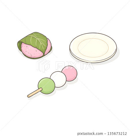 Cherry blossoms and cherry blossom viewing Japanese sweets (white background, square flat) Cherry blossoms and cherry blossom viewing Japanese sweets (white background, square flat) 135673212