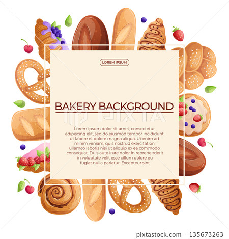 Colorful background with delicious bakery pastries on a white background. The concept of confectionery, baking, cooking. Vector illustration for the design of posters, flyers, postcards, invitations 135673263