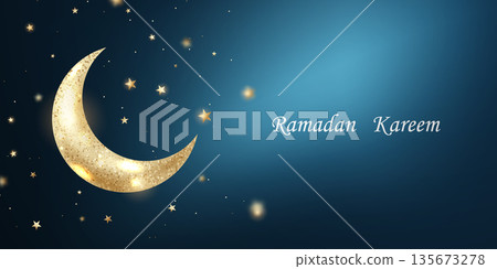Vector background "Eid Mubarak and Ramadan Kareem" with a golden crescent moon. Beautiful illustration. Vector background "Eid Mubarak and Ramadan Kareem" with a golden crescent moon. Beautiful illustration. 135673278