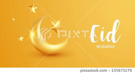Vector background "Eid Mubarak and Ramadan Kareem" with a golden crescent moon. Beautiful illustration. 135673279