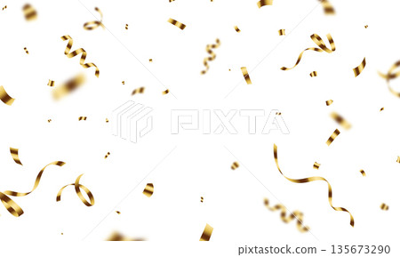 The background is adorned with bright gold confetti, perfect for celebrations. A beautiful festive decoration vector illustration. 135673290