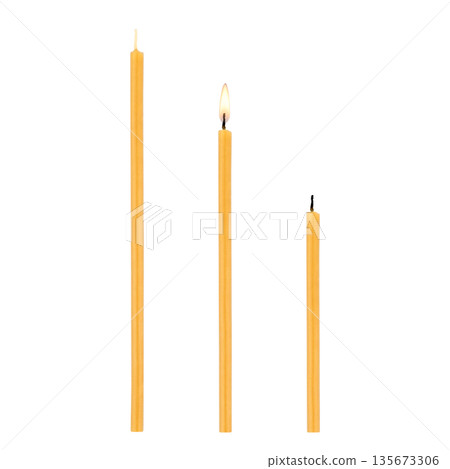 Set of church wax candles on isolated white background 135673306
