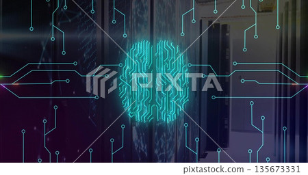Glowing holographic fingerprint icon hovering in server room aisle, with racks and LED indicators Glowing holographic fingerprint icon hovering in server room aisle, with racks and LED indicators 135673331