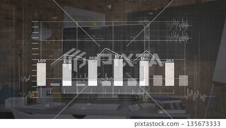 Displaying translucent financial chart overlay at brick desk, with monitor, keyboard and coffee mug 135673333
