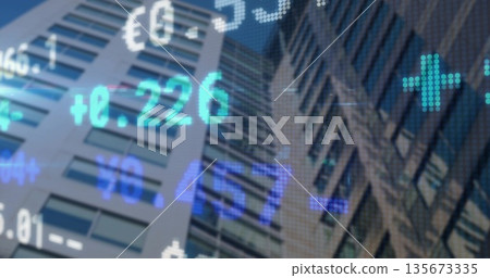 Data scrolling across glass facades in financial district, with floating numbers and euro symbols Data scrolling across glass facades in financial district, with floating numbers and euro symbols 135673335