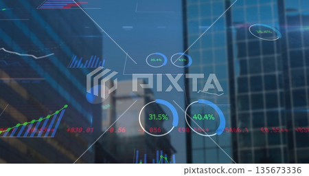 Displaying data overlay hovering above city skyline with glass skyscrapers and progress charts 135673336