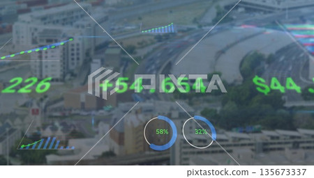 Digital overlay projecting numeric values, progress bars and graphs over city highway network 135673337