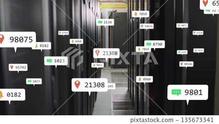 Showing data center corridor with black server racks, overhead conduits, floating digital labels Showing data center corridor with black server racks, overhead conduits, floating digital labels 135673341