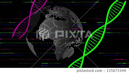 Displaying grey globe showing continents in data space, with neon DNA helices and glitch lines 135673349
