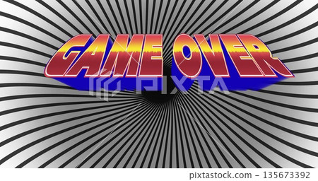 Displaying bold 3D GAME OVER text against spiral optical illusion background, retro game aesthetic Displaying bold 3D GAME OVER text against spiral optical illusion background, retro game aesthetic 135673392