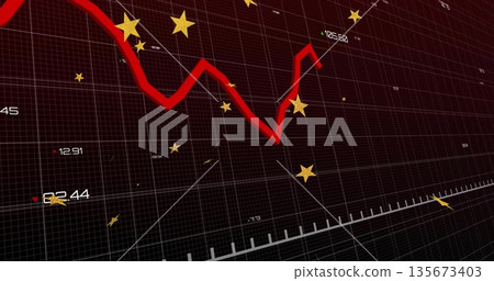 Displaying red jagged line graph trending down then up on digital grid with numbers, golden stars 135673403
