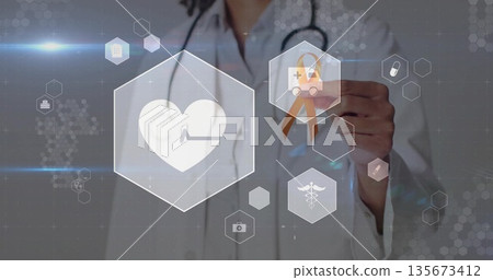 Displaying female doctor wearing lab coat and stethoscope at interface with hexagonal grid icons 135673412