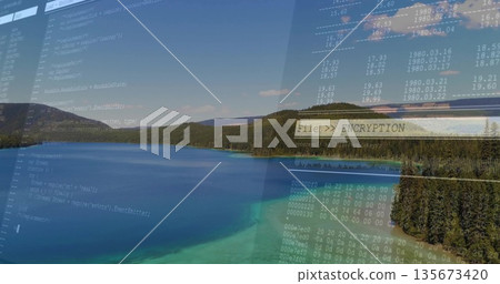 Merging mountain lake showing code snippets and hex data on lakeshore with encryption overlay Merging mountain lake showing code snippets and hex data on lakeshore with encryption overlay 135673420