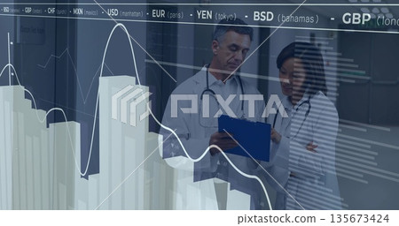 White coat doctors reviewing blue clipboard in hospital hall with stethoscopes, financial graphics 135673424