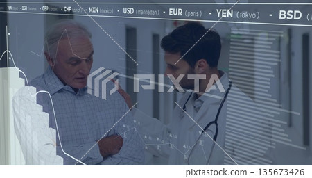 Discussing doctor and patient in hospital hall with stethoscope, checkered shirt, currency overlay 135673426