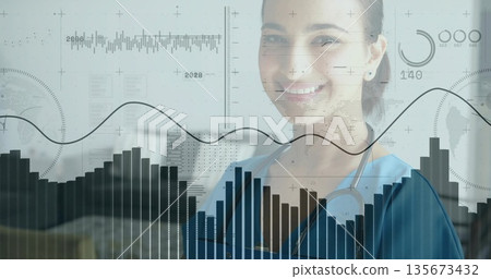 Smiling clinician wearing scrubs, stethoscope in clinic, with digital data overlay, copy space Smiling clinician wearing scrubs, stethoscope in clinic, with digital data overlay, copy space 135673432