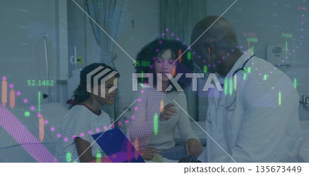 Listening gowned patient holding clipboard on hospital bed, with IV pole and financial charts Listening gowned patient holding clipboard on hospital bed, with IV pole and financial charts 135673449