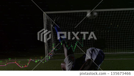 Soccer player performing bicycle kick on turf at night sending ball toward net with chart overlay Soccer player performing bicycle kick on turf at night sending ball toward net with chart overlay 135673466