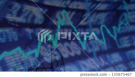 Displaying aqua-colored line graph fluctuating over dashboard, with ticker and lattice grid 135673467