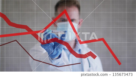 Holding doctor wearing mask and gloves showing vaccine vial toward camera in lab with chart overlay 135673473