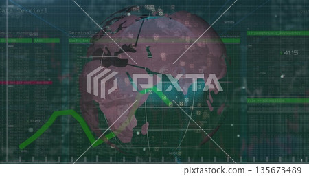 Displaying 3D data globe on dashboard with network lines over code grid and green graphs 135673489
